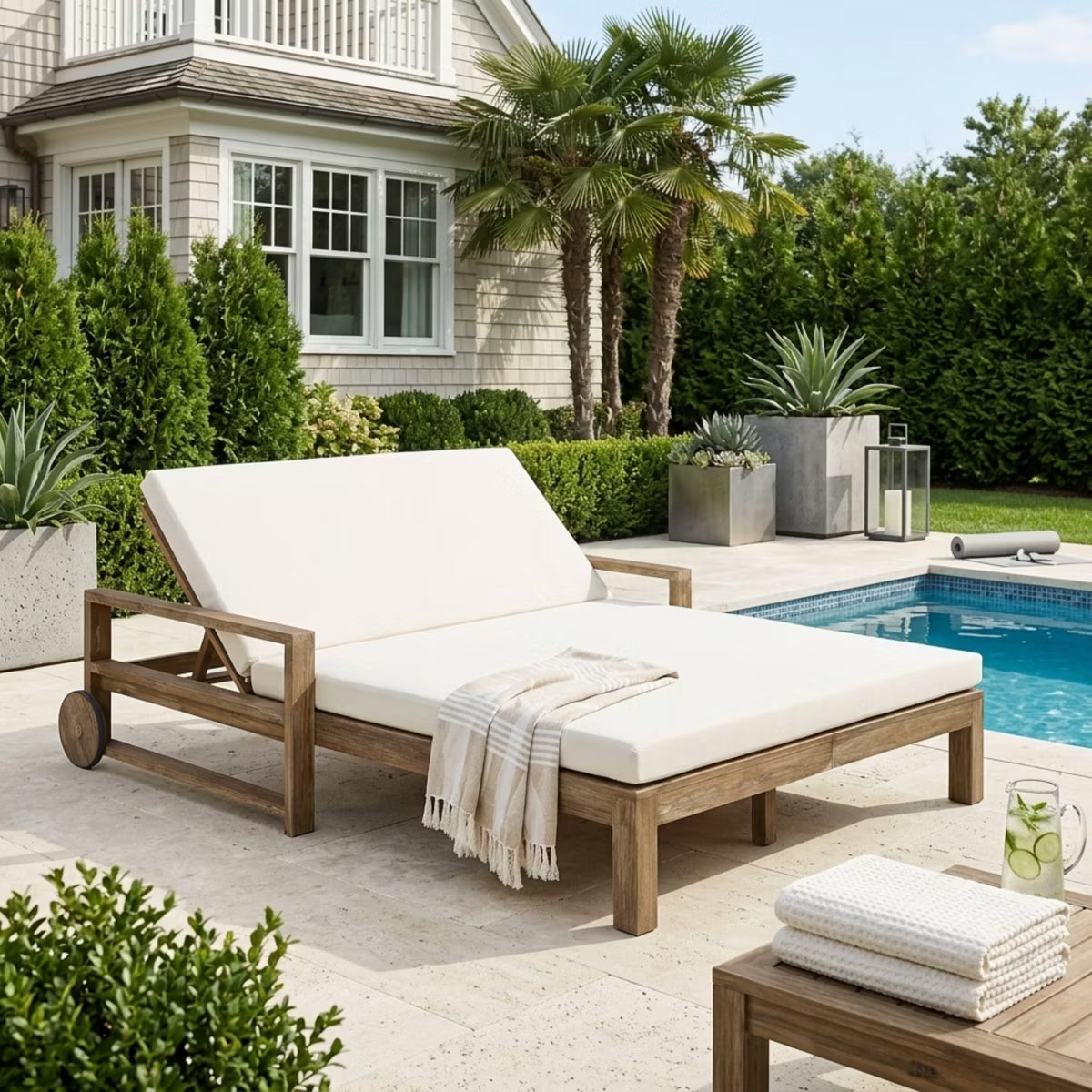 Polibi 2-Person Farmhouse Acacia Wood Outdoor Sunbed with Wheels, Beige