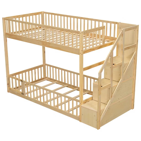 Polibi Low Bunk Bed with Fence-Style Rails and Built-In Storage Staircase