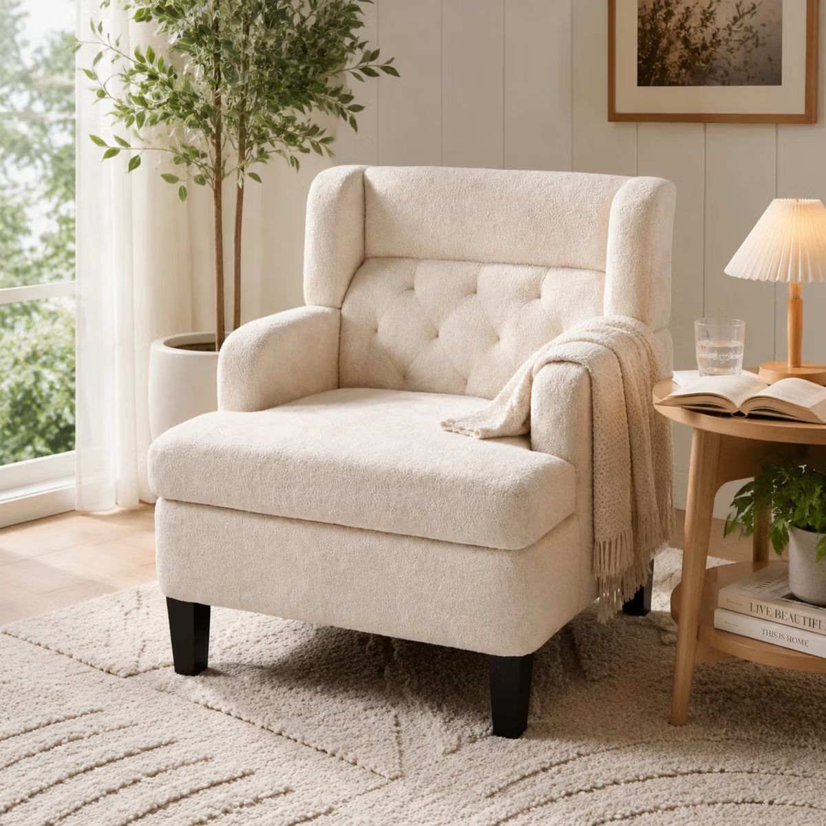 Polibi Modern Upholstered Tufted Accent Armchair with High-Back Support, Beige