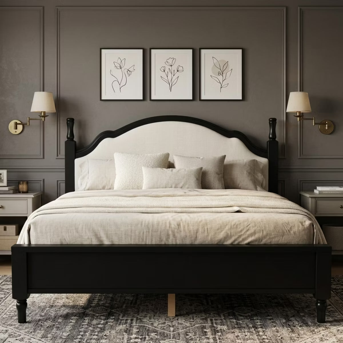 Polibi Wood Platform Bed with Upholstered Headboard, King, Beige+Black