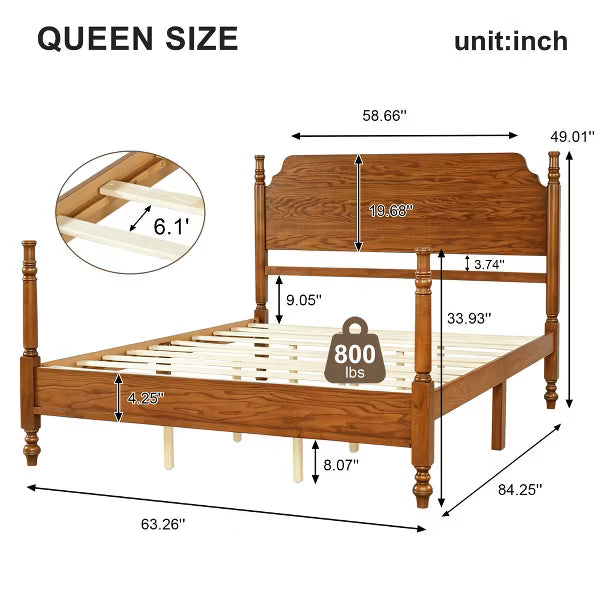 Polibi Spindle Post Bed Frame with Curved Wood Headboard, Queen, Walnut