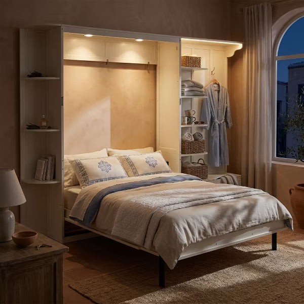 Polibi Queen Wall Bed with Side Bookshelves, Hidden Storage Chest, Reading Lights & Shelf LED Strip