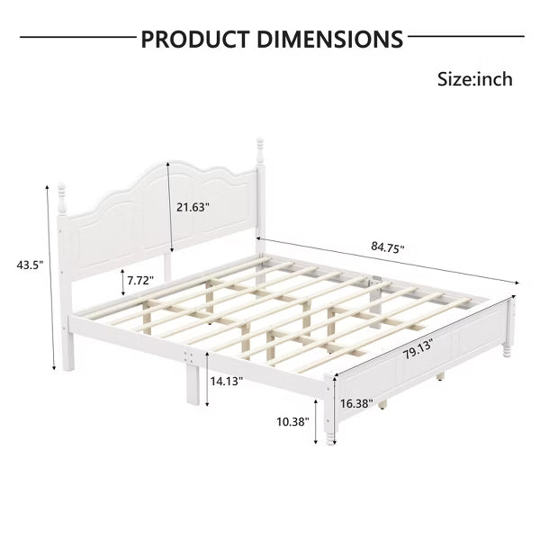 Polibi Retro-Style Wood Platform Bed Frame with Wooden Slat Support, King, White