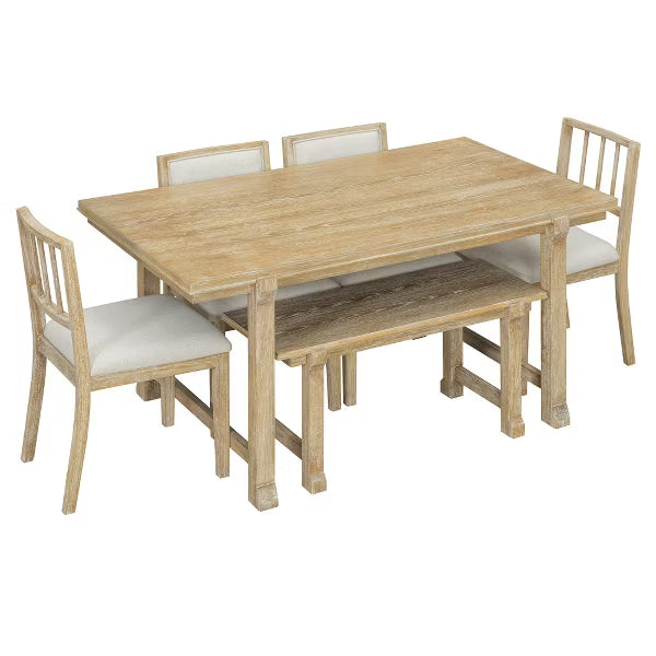 Polibi 6-Piece Dining Set with Oak Veneer Table, Natural Wood Wash & Beige