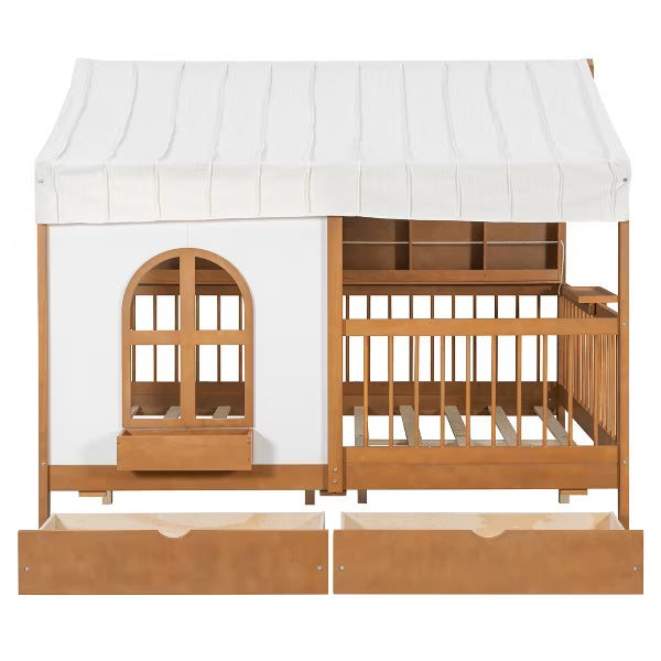 Polibi House Bed with Soft Tent Canopy, Bookshelf, Dual Drawers & USB Charging Ports