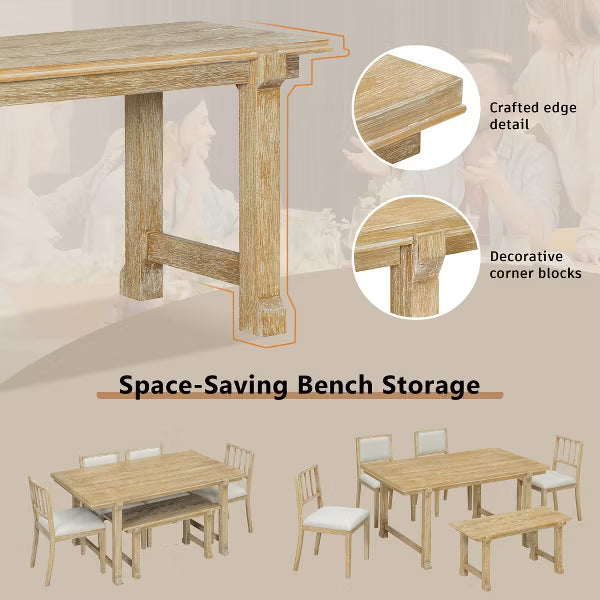 Polibi 6-Piece Dining Set with Oak Veneer Table, Natural Wood Wash & Beige