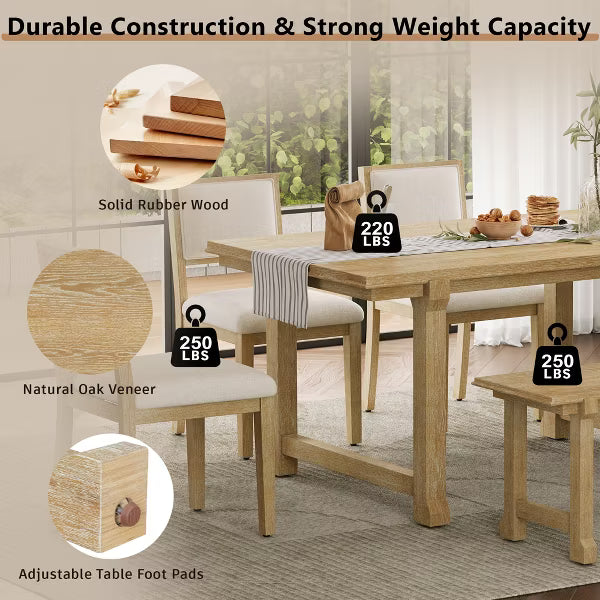 Polibi 6-Piece Dining Set with Oak Veneer Table, Natural Wood Wash & Beige