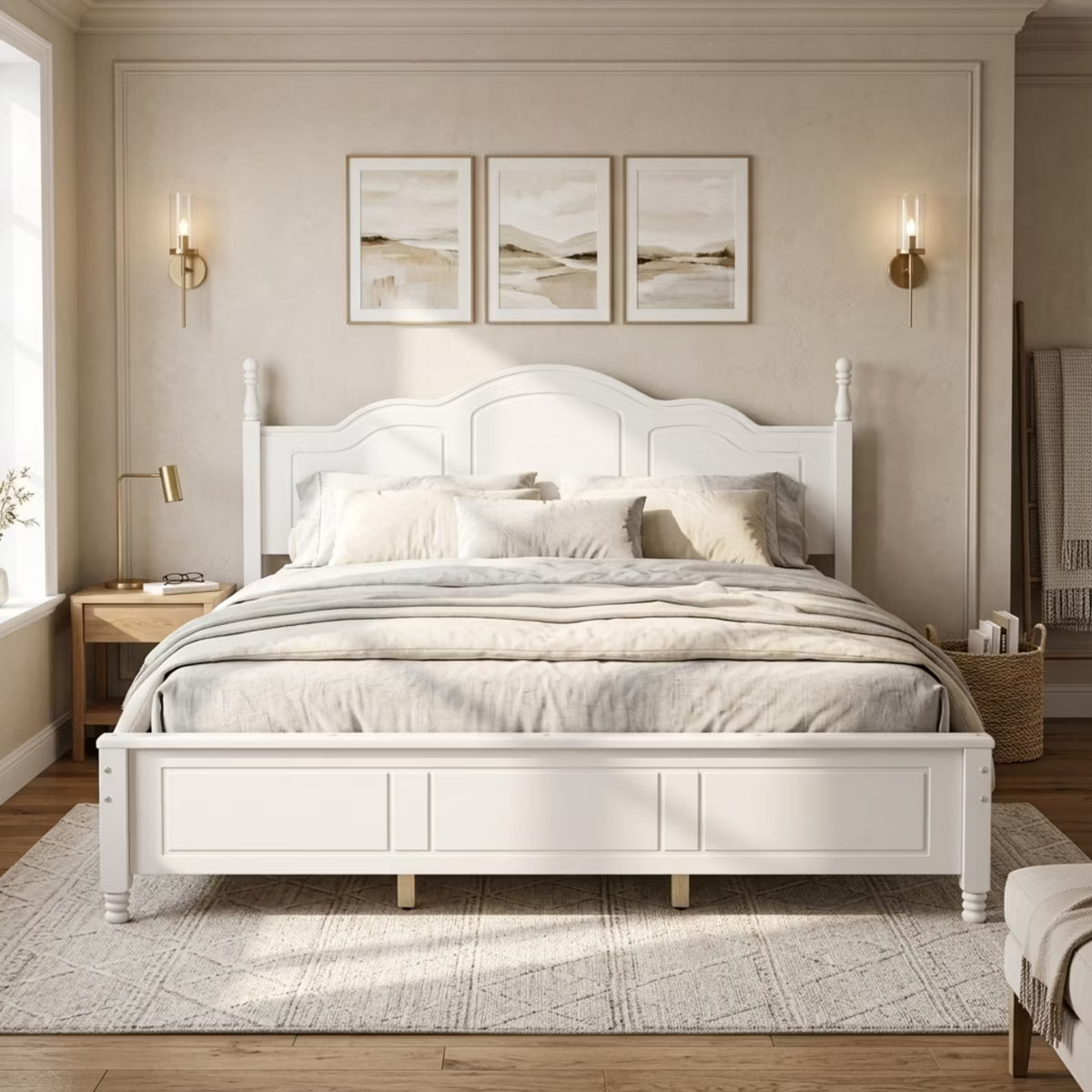 Polibi Retro-Style Wood Platform Bed Frame with Wooden Slat Support, King, White