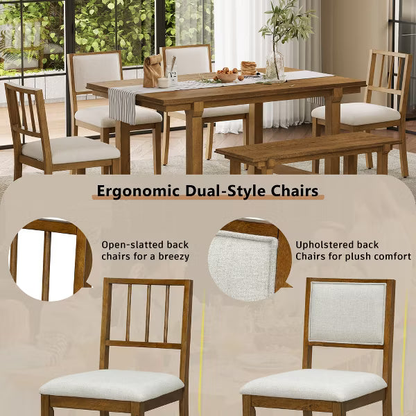 Polibi 6-Piece Dining Set with Oak Veneer Table, Walnut & Beige