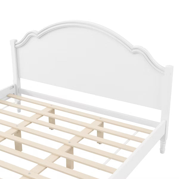 Polibi Solid Wood Platform Bed with Sculpted Headboard, King, White