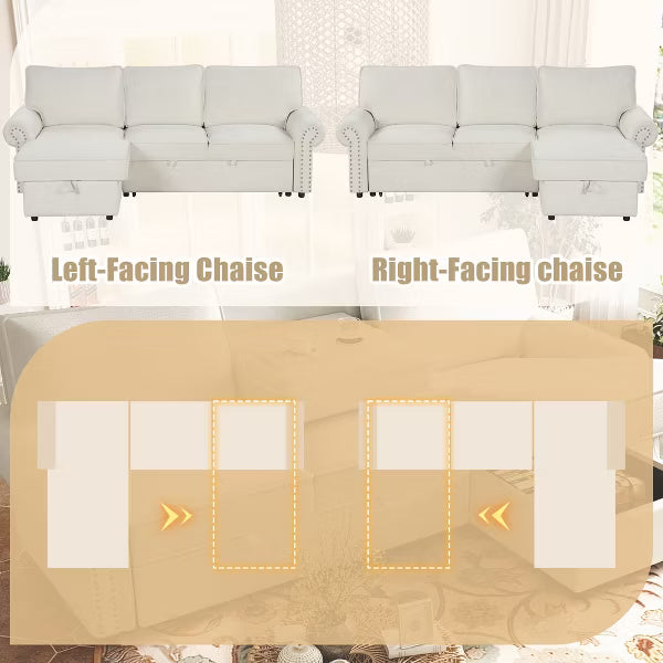 Polibi Reversible Storage Chaise Sleeper Sectional Sofa with Pull-Out Bed & Cup Holder Console, Beige
