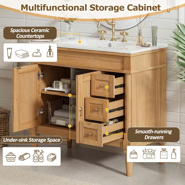 Polibi 36" Bathroom Vanity with Ceramic Sink, Soft Close Doors, Adjustable Shelves for Bathroom, Wood