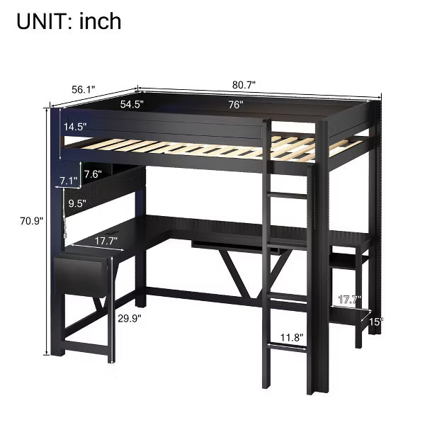 Polibi Full Size Gaming Loft Bed with Desk, Shelves, Outlets, USB Ports and 7-Color LED Light Strip