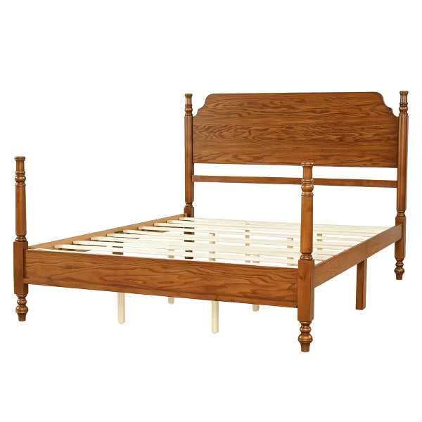 Polibi Spindle Post Bed Frame with Curved Wood Headboard, Queen, Walnut
