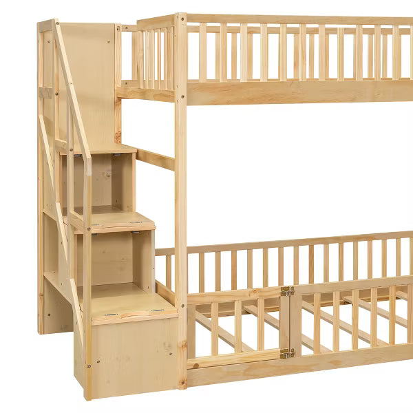 Polibi Low Bunk Bed with Fence-Style Rails and Built-In Storage Staircase