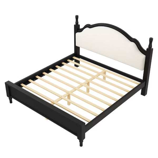 Polibi Wood Platform Bed with Upholstered Headboard, King, Beige+Black