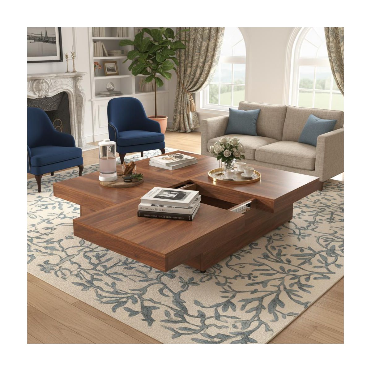 Polibi Hidden Storage Square Coffee Table, Walnut