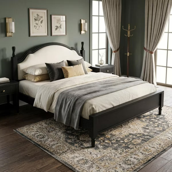 Polibi Wood Platform Bed with Upholstered Headboard, King, Beige+Black