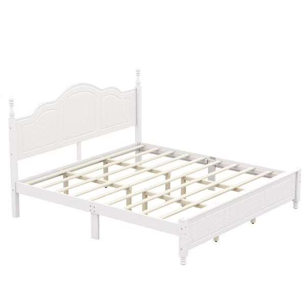 Polibi Retro-Style Wood Platform Bed Frame with Wooden Slat Support, King, White