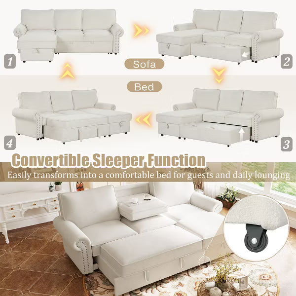Polibi Reversible Storage Chaise Sleeper Sectional Sofa with Pull-Out Bed & Cup Holder Console, Beige