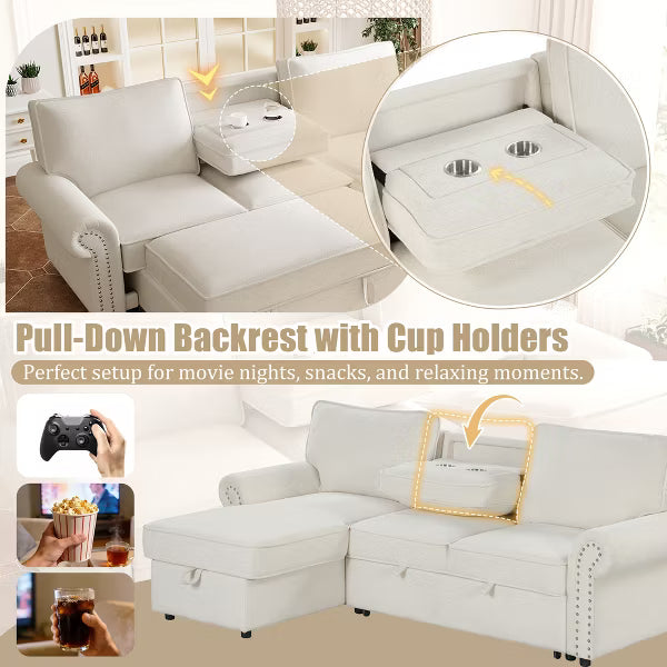 Polibi Reversible Storage Chaise Sleeper Sectional Sofa with Pull-Out Bed & Cup Holder Console, Beige
