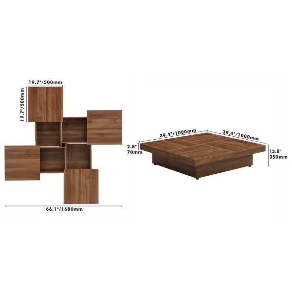 Polibi Hidden Storage Square Coffee Table, Walnut