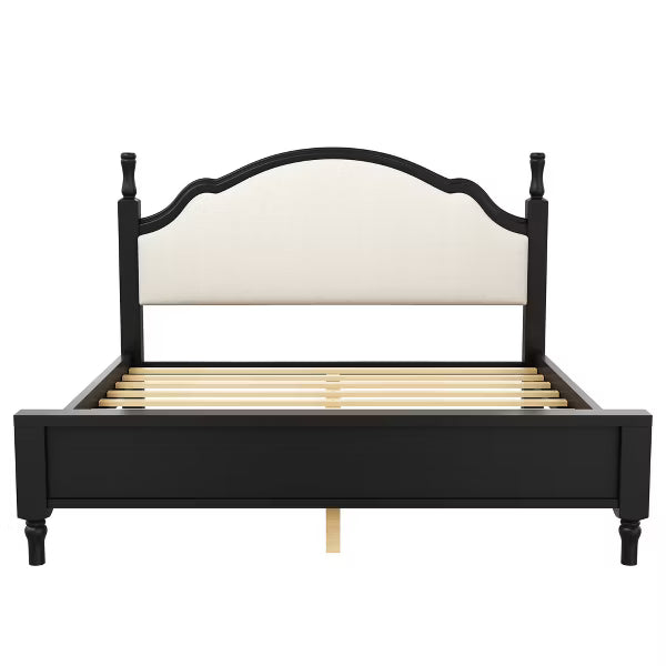 Polibi Wood Platform Bed with Upholstered Headboard, King, Beige+Black
