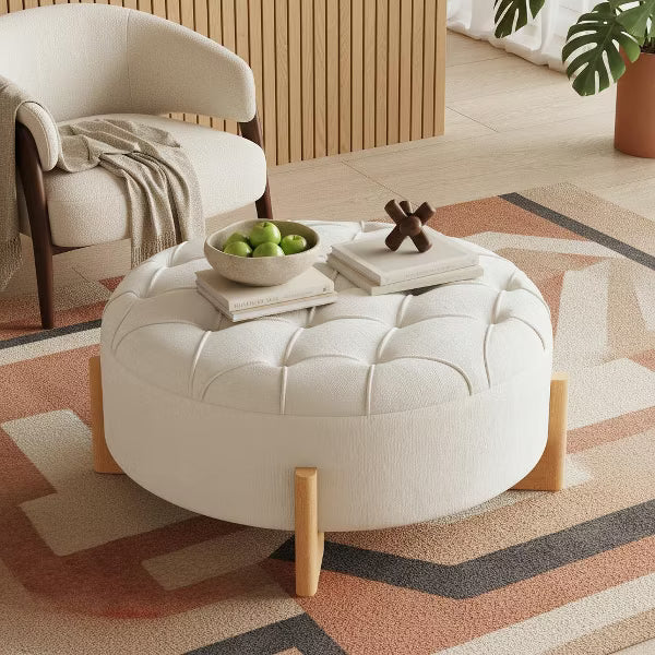 Polibi 32" Round Tufted Chenille Ottoman, Beige