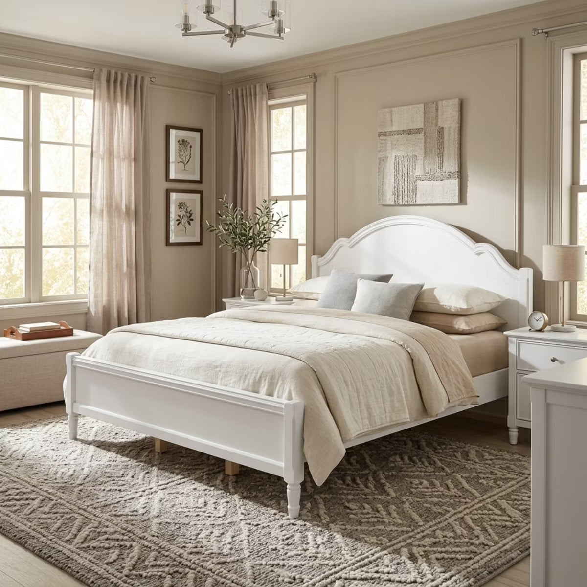 Polibi Solid Wood Platform Bed with Sculpted Headboard, King, White