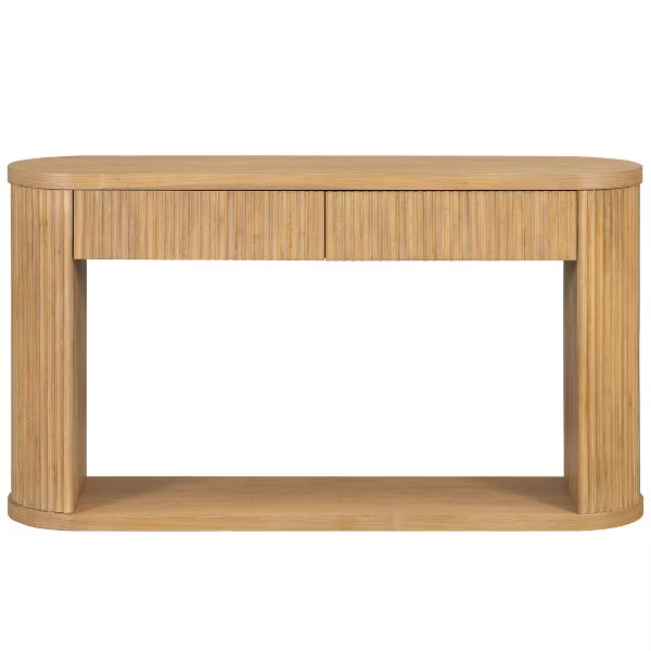 Polibi Modern Rustic Oval Fluted Console Table with 2 Drawers & Open Storage Shelf, Natural