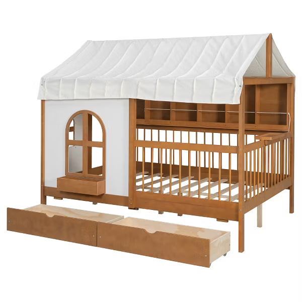 Polibi House Bed with Soft Tent Canopy, Bookshelf, Dual Drawers & USB Charging Ports