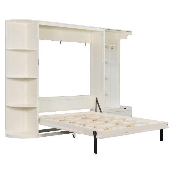 Polibi Queen Wall Bed with Side Bookshelves, Hidden Storage Chest, Reading Lights & Shelf LED Strip