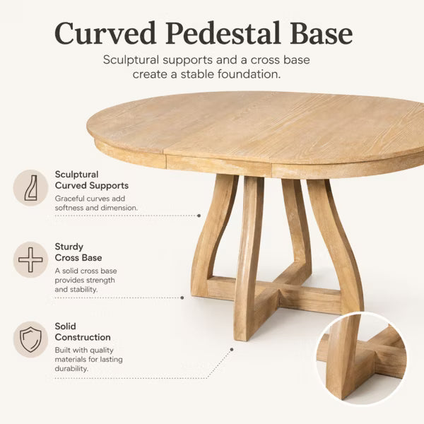Polibi Extendable Dining Table with X-Shaped Sculptural Base & Curved Leg Stability Design, Natural Wood Wash