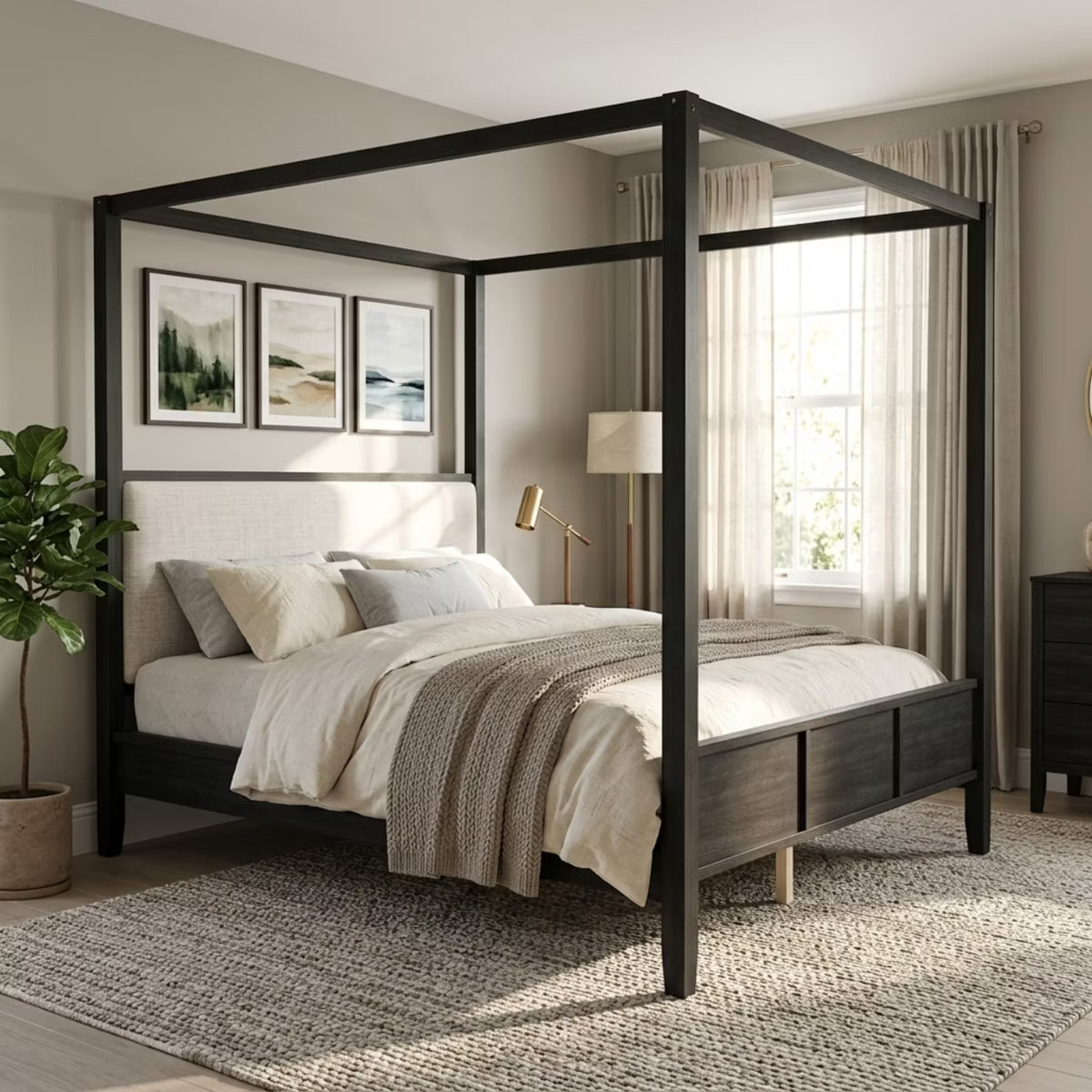 Polibi Modern Canopy Platform Bed with Upholstered Headboard, Queen, Black