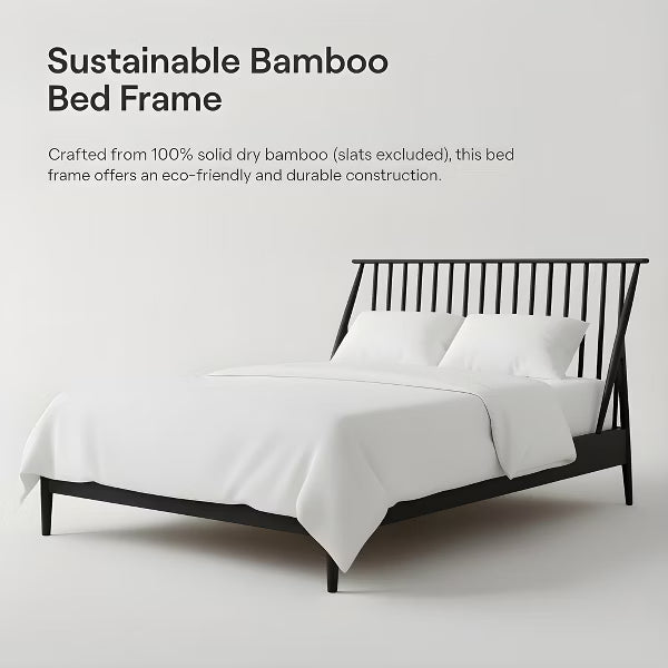 Polibi Boho Platform Bed Frame with Tall Slanted Headboard & Metal Support, King, Black