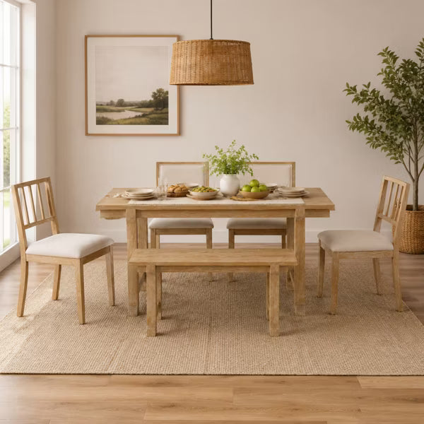 Polibi 6-Piece Dining Set with Oak Veneer Table, Natural Wood Wash & Beige