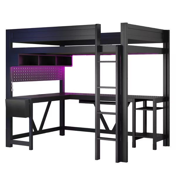 Polibi Full Size Gaming Loft Bed with Desk, Shelves, Outlets, USB Ports and 7-Color LED Light Strip