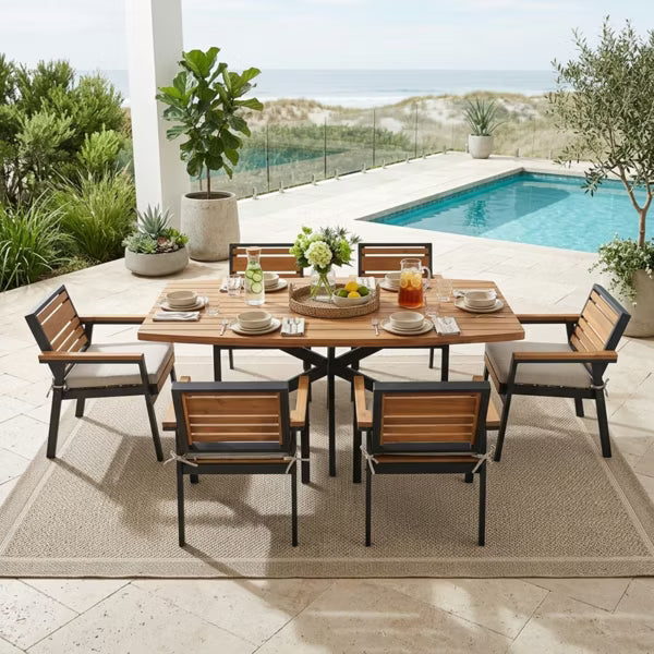 Polibi 7-Piece Acacia Wood Outdoor Dining Set with 74.8" Slatted Table & 6 Cushioned Armchairs, Beige