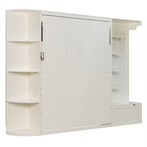 Polibi Queen Wall Bed with Side Bookshelves, Hidden Storage Chest, Reading Lights & Shelf LED Strip