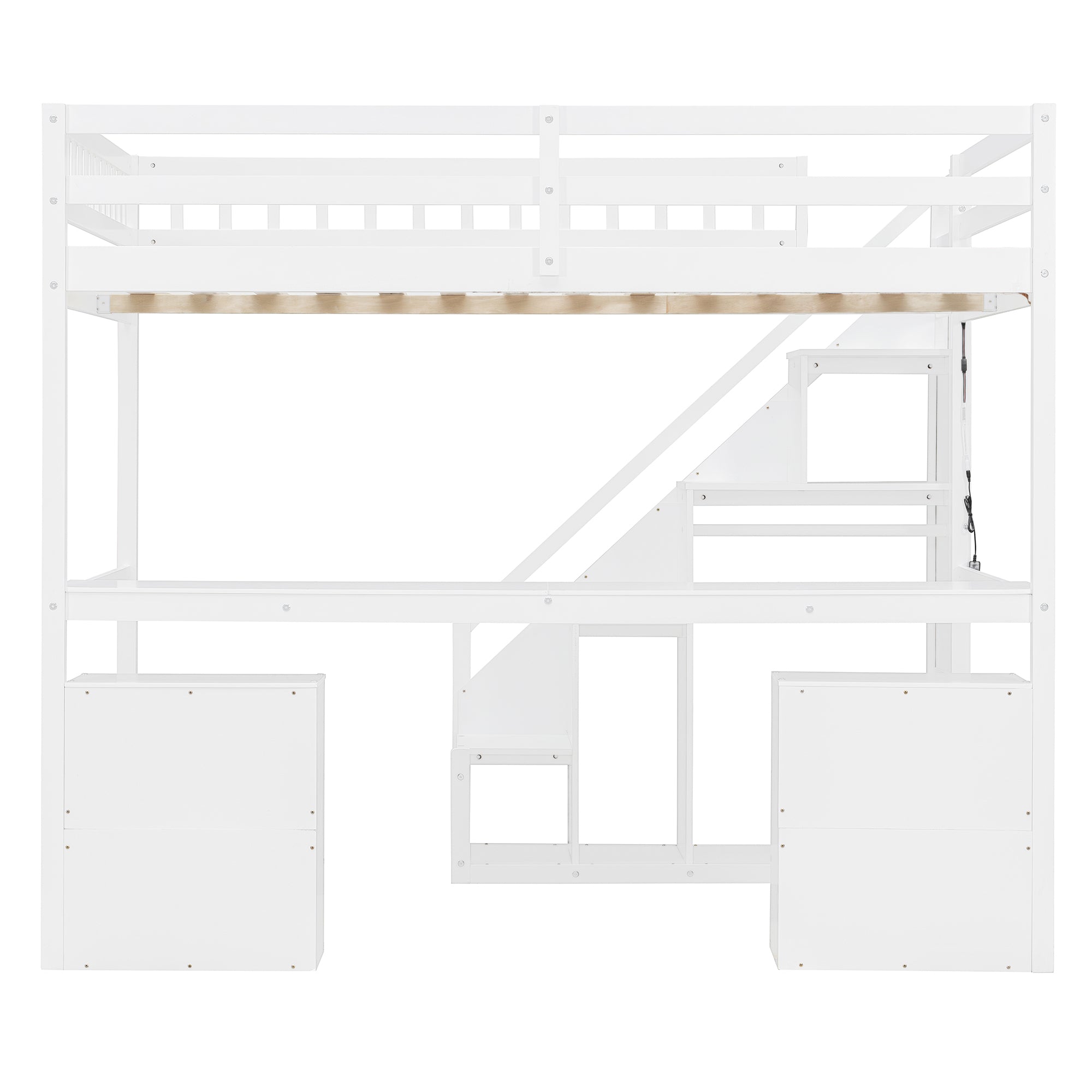 Polibi LED Loft Bed with Desk, Drawers and Staircase Storage, Full, White