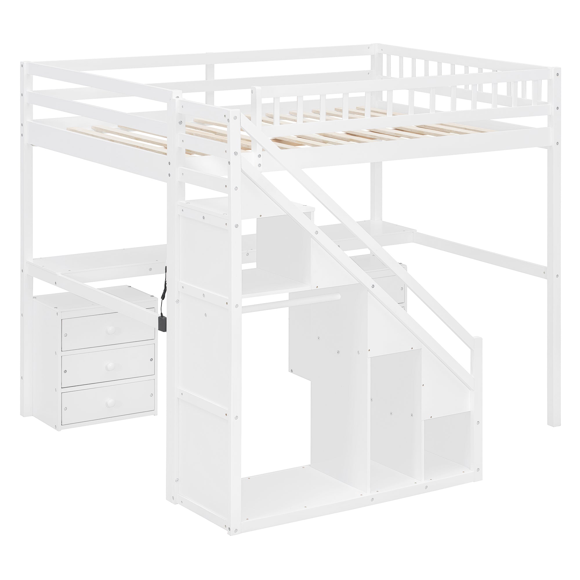 Polibi LED Loft Bed with Desk, Drawers and Staircase Storage, Full, White
