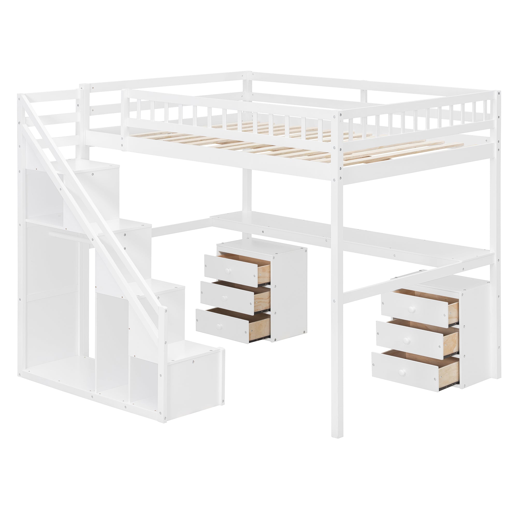 Polibi LED Loft Bed with Desk, Drawers and Staircase Storage, Full, White