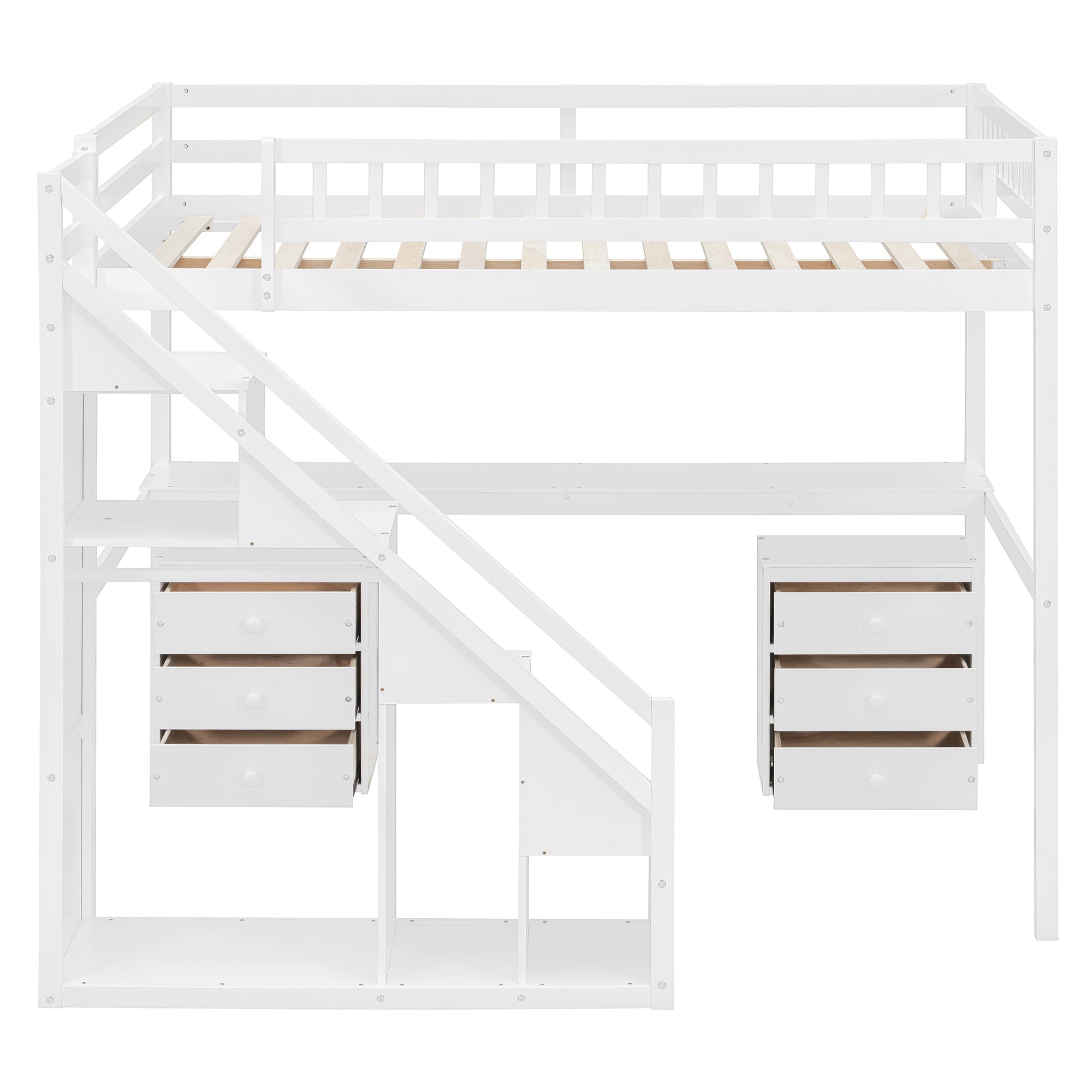 Polibi LED Loft Bed with Desk, Drawers and Staircase Storage, Full, White