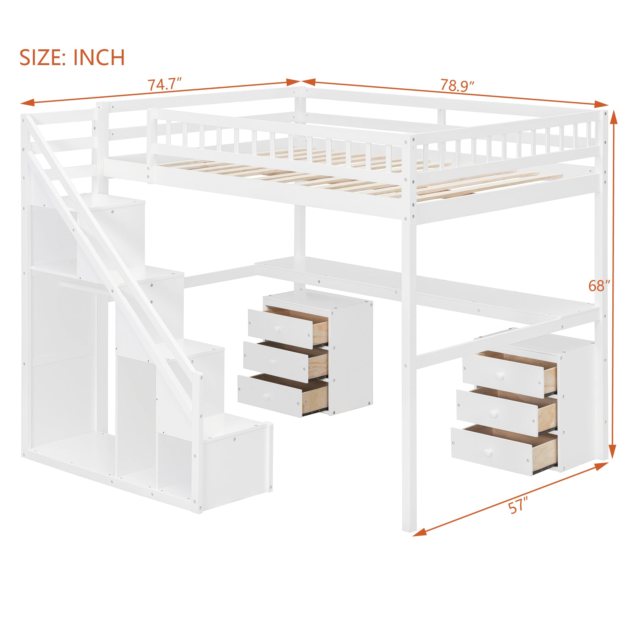 Polibi LED Loft Bed with Desk, Drawers and Staircase Storage, Full, White